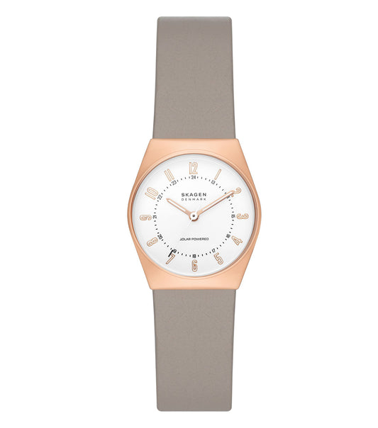 Skagen green watch with a minimalist design, featuring a round face and silver accents; front view showcasing elegance.
