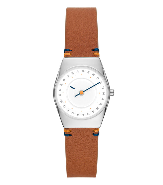 Elegant Skagen green watch featuring a sleek leather band and minimalist round dial, captured at a front-facing angle.