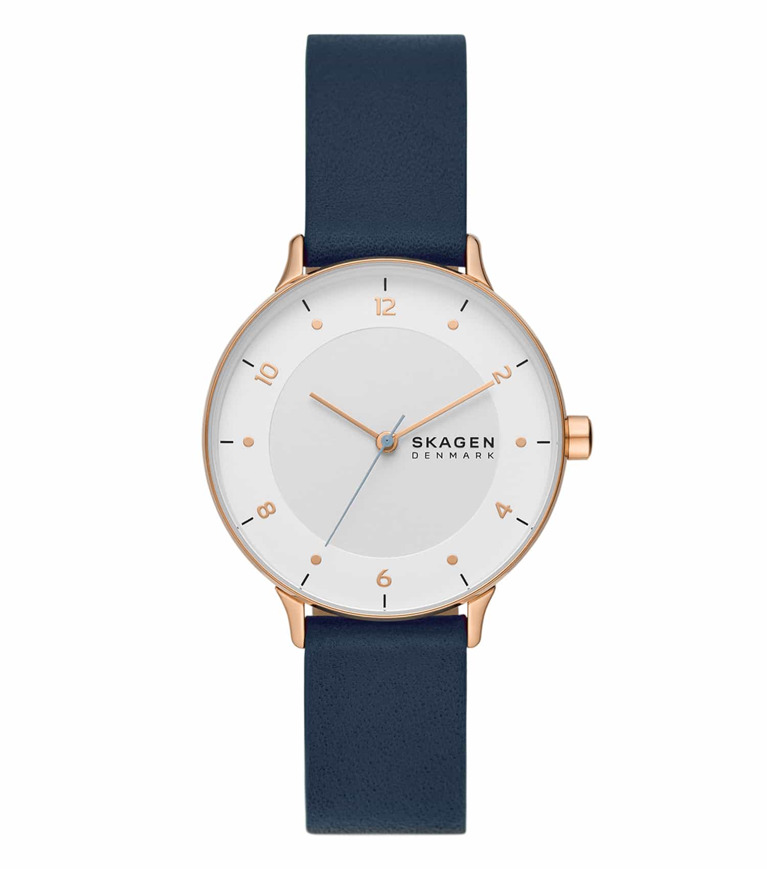 Skagen watch, quartz color, showcasing a minimalist design at a straight angle with a clean white dial and silver mesh strap.