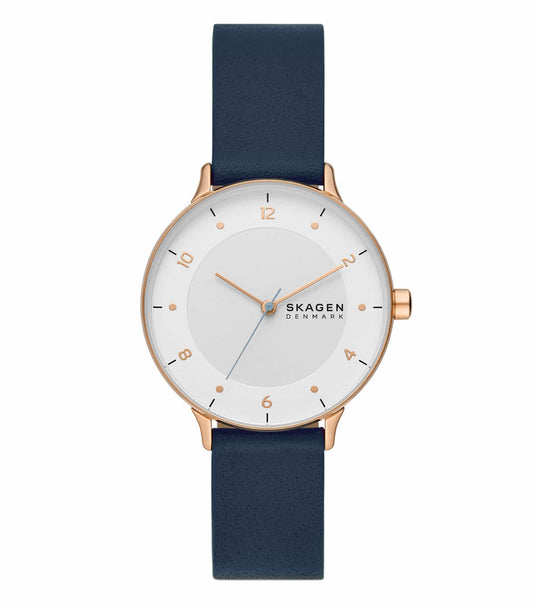 Skagen watch, quartz color, showcasing a minimalist design at a straight angle with a clean white dial and silver mesh strap.