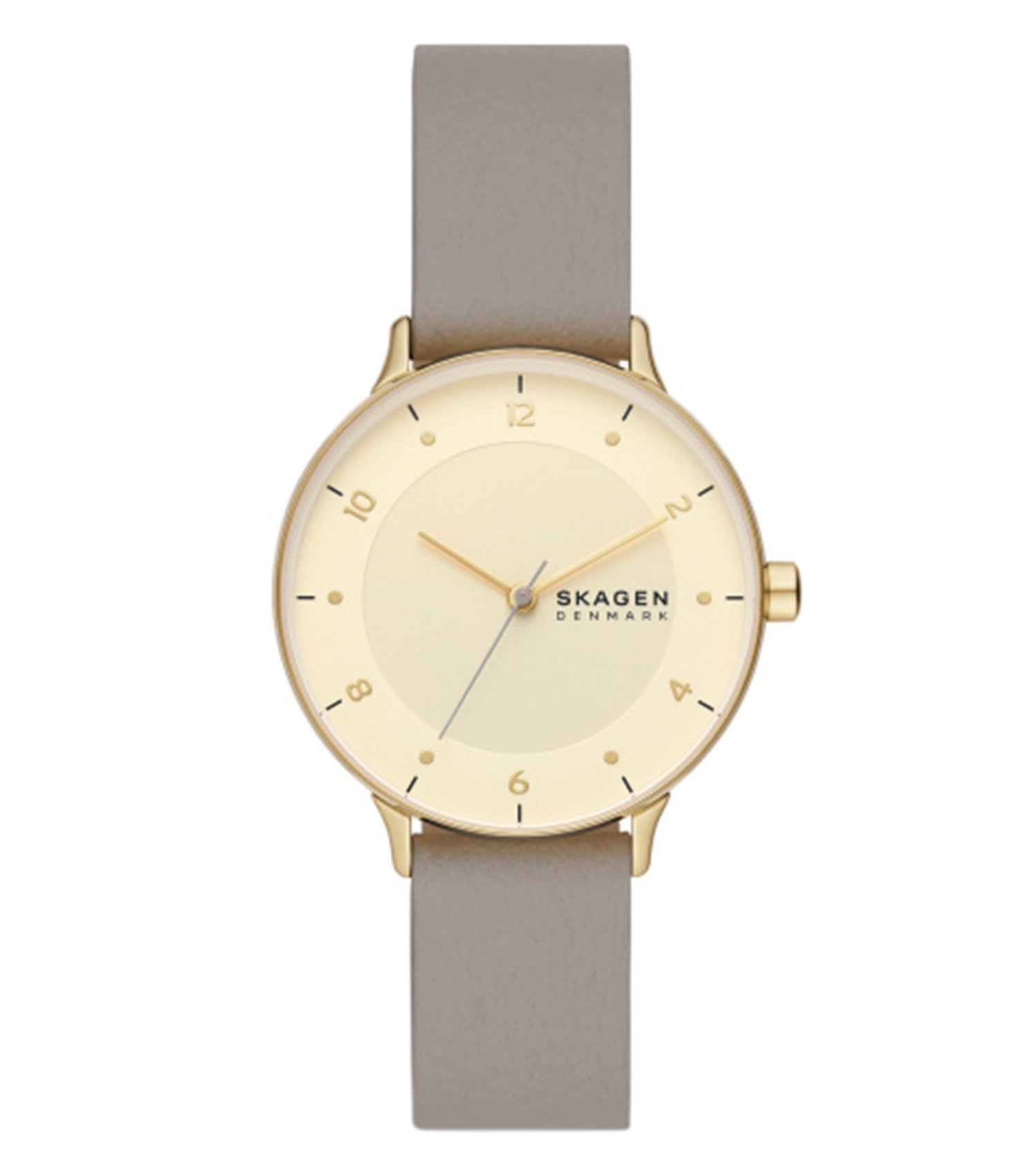 Skagen quartz watch, front angle; minimalist design, silver tone; sleek case and mesh strap, modern timepiece elegance.
