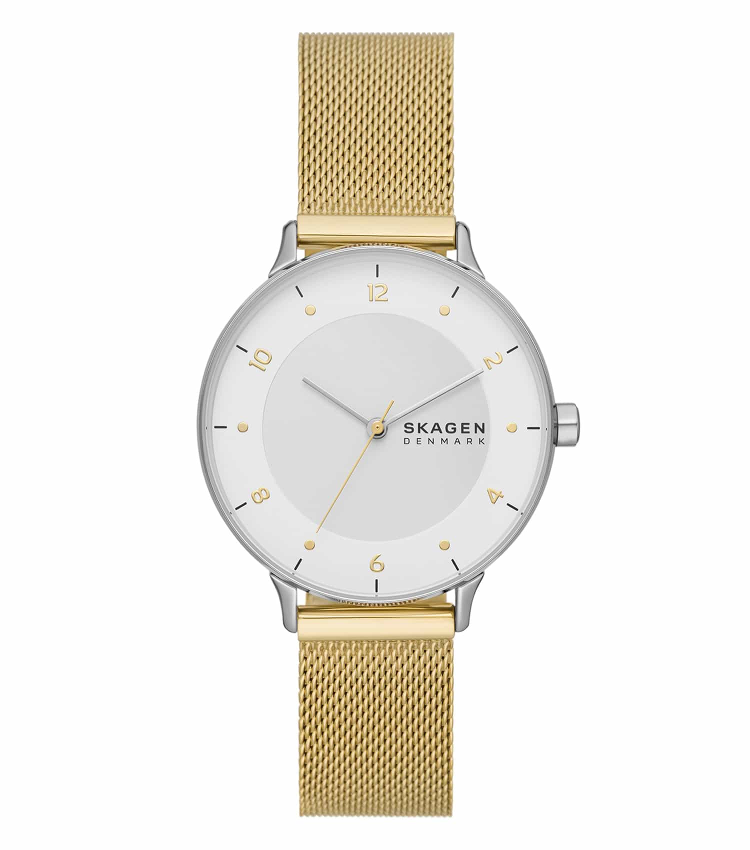 Skagen watch with quartz finish, front view; sleek minimalist design with silver mesh strap and Danish craftsmanship passion.