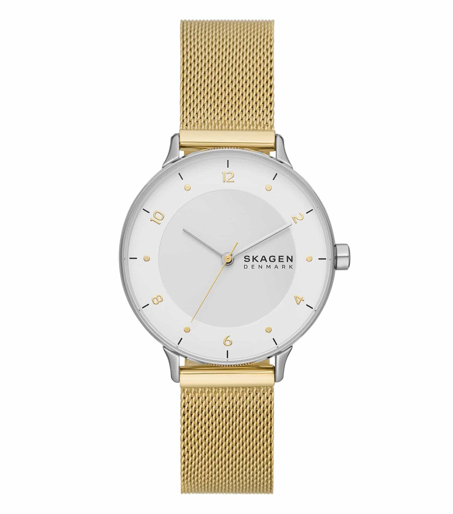 Skagen watch with quartz finish, front view; sleek minimalist design with silver mesh strap and Danish craftsmanship passion.
