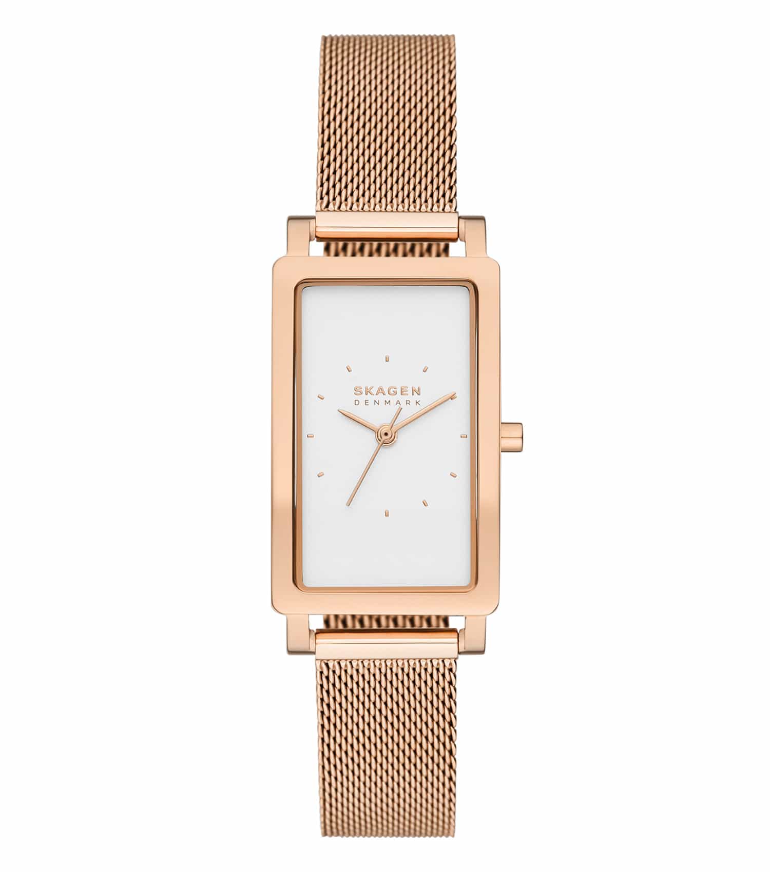 Skagen watch in quartz color, side angle view showcasing minimalist design, mesh band, and sleek round face, embodying elegance.
