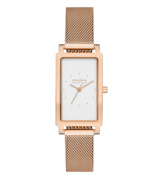 Skagen watch in quartz color, side angle view showcasing minimalist design, mesh band, and sleek round face, embodying elegance.