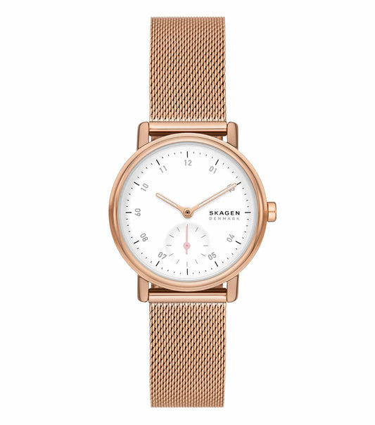 Skagen Quartz watch with elegant design, displaying minimalist face in soft color, side angle captures slim profile and mesh band.