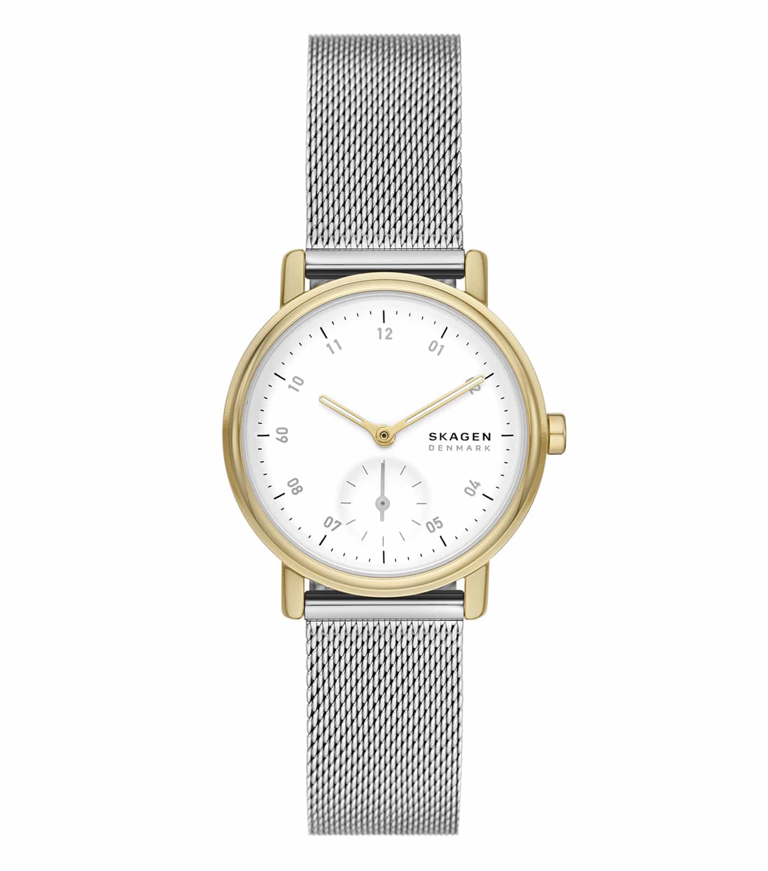 Skagen Lille watch in elegant soft blue, viewed from the front, showcasing its minimalist Scandinavian design with a polished stainless steel mesh strap.
