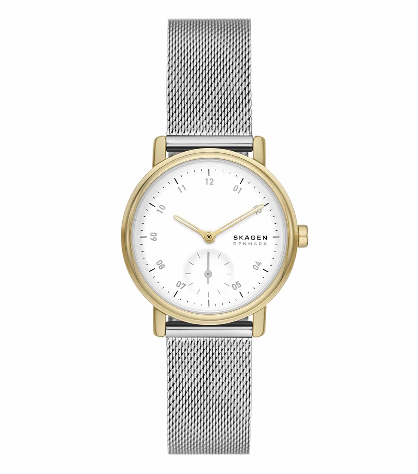 Skagen Lille watch in elegant soft blue, viewed from the front, showcasing its minimalist Scandinavian design with a polished stainless steel mesh strap.