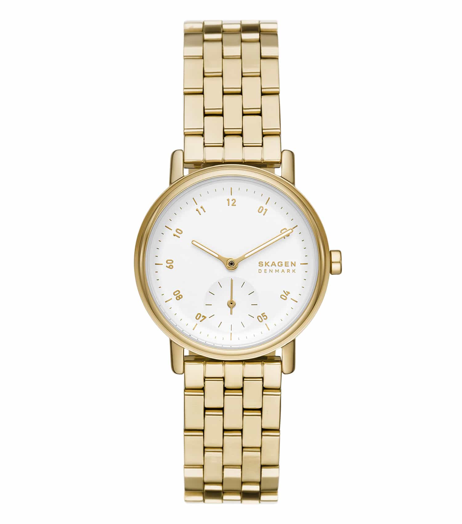  Skagen gold watch featuring a minimalist round face and simple markers, elegantly angled for a stylish side view.