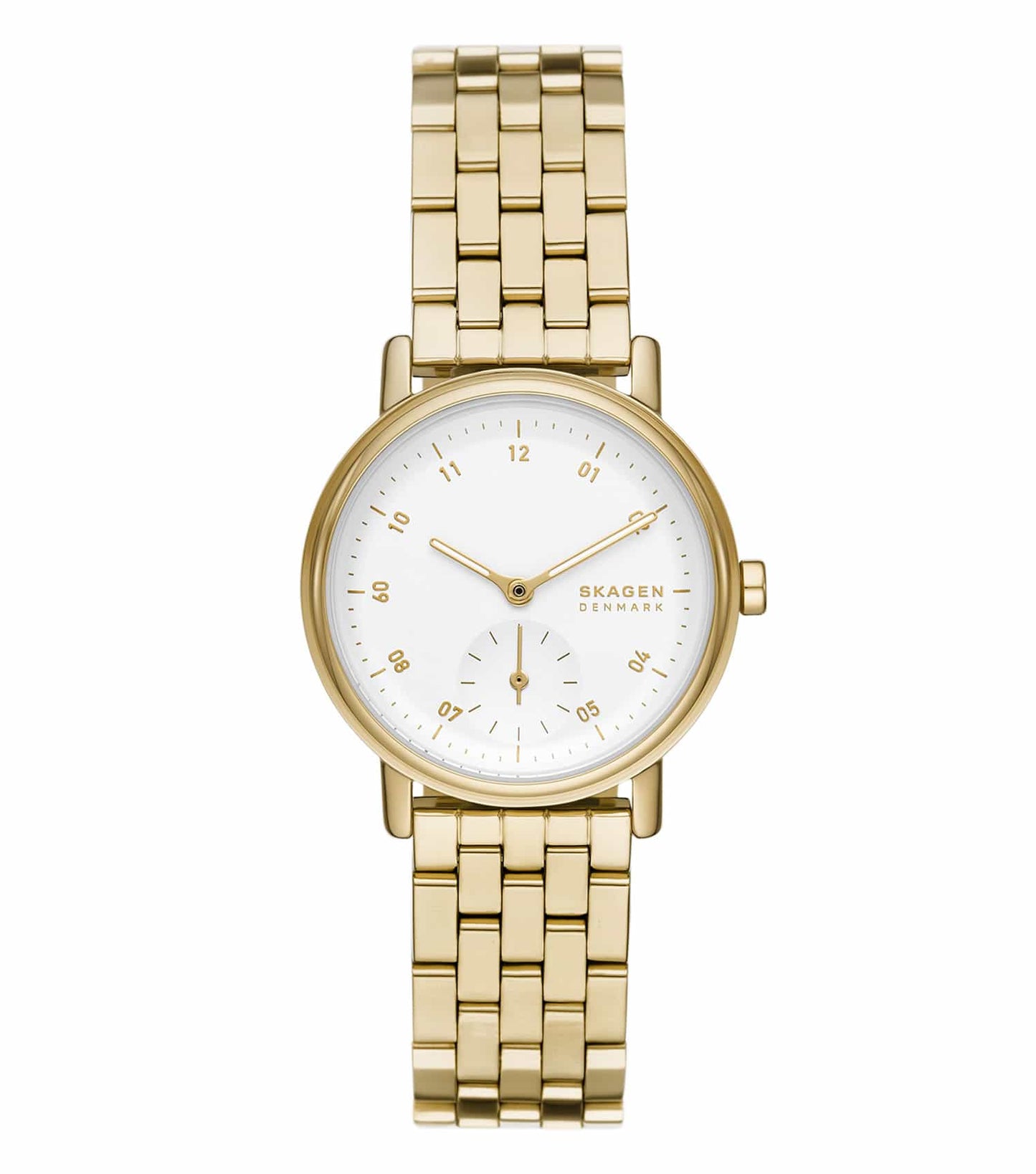  Skagen gold watch featuring a minimalist round face and simple markers, elegantly angled for a stylish side view.