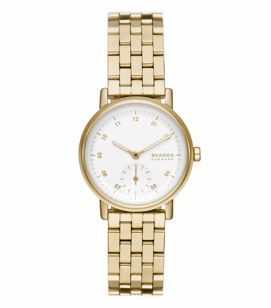  Skagen gold watch featuring a minimalist round face and simple markers, elegantly angled for a stylish side view.
