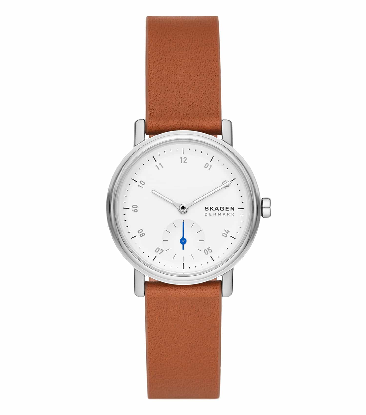 Brown Skagen watch; side angle view emphasizing elegant design and brown leather strap, perfect accessory for style enthusiasts.
