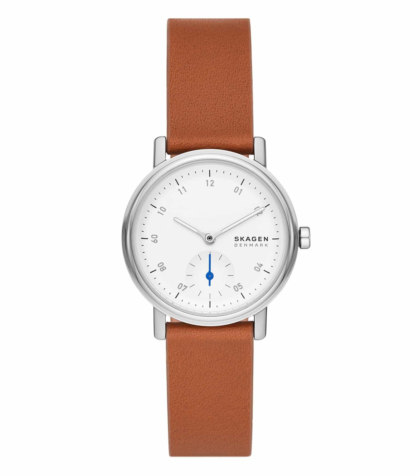 Brown Skagen watch; side angle view emphasizing elegant design and brown leather strap, perfect accessory for style enthusiasts.
