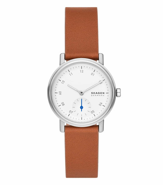 Brown Skagen watch; side angle view emphasizing elegant design and brown leather strap, perfect accessory for style enthusiasts.