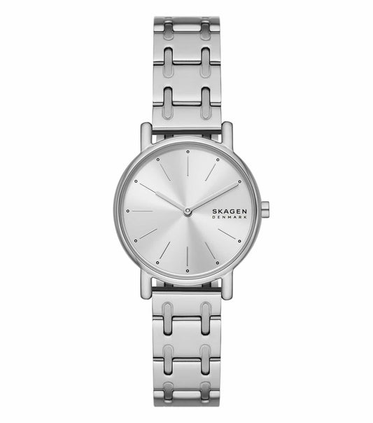 Silver Skagen watch featuring a minimalist dial design at a slight angle, showcasing elegant hour markers and a sleek strap.