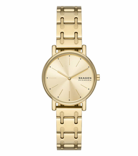 Skagen yellow gold watch with a sleek round dial, showcasing a minimalist design; side angle view capturing the elegance.
