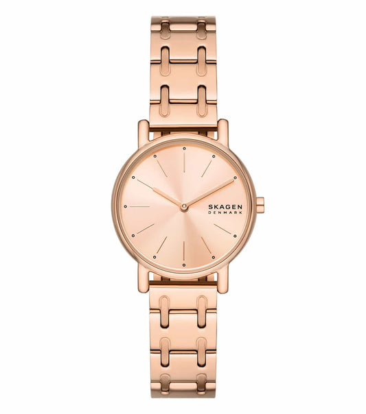 Skagen rose gold watch, side angle view showcasing elegant minimalist design with sleek white watch face and mesh strap.