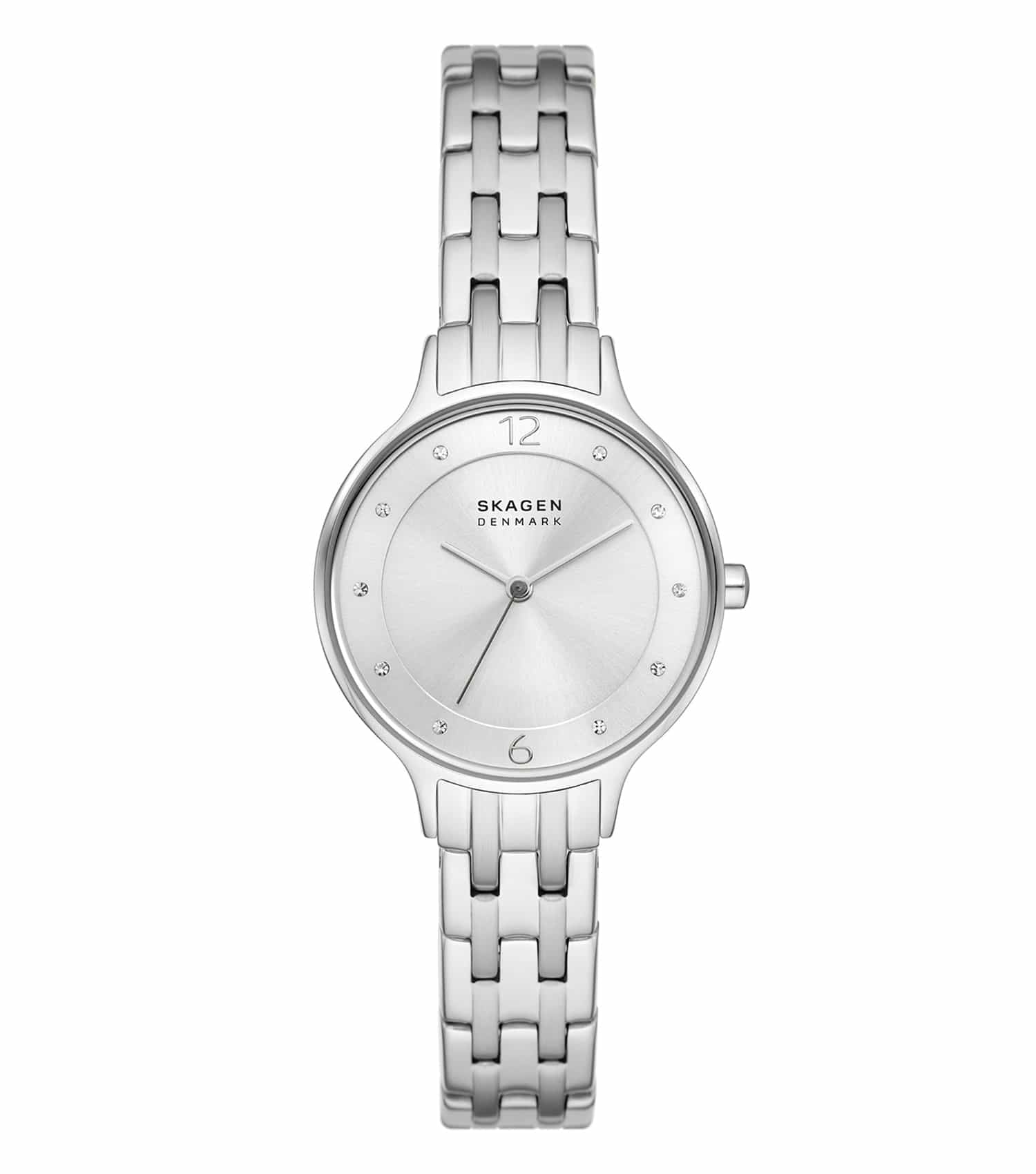 Skagen silver watch with minimalist dial; viewed at a flat angle, showcasing elegant mesh band and sleek case design.