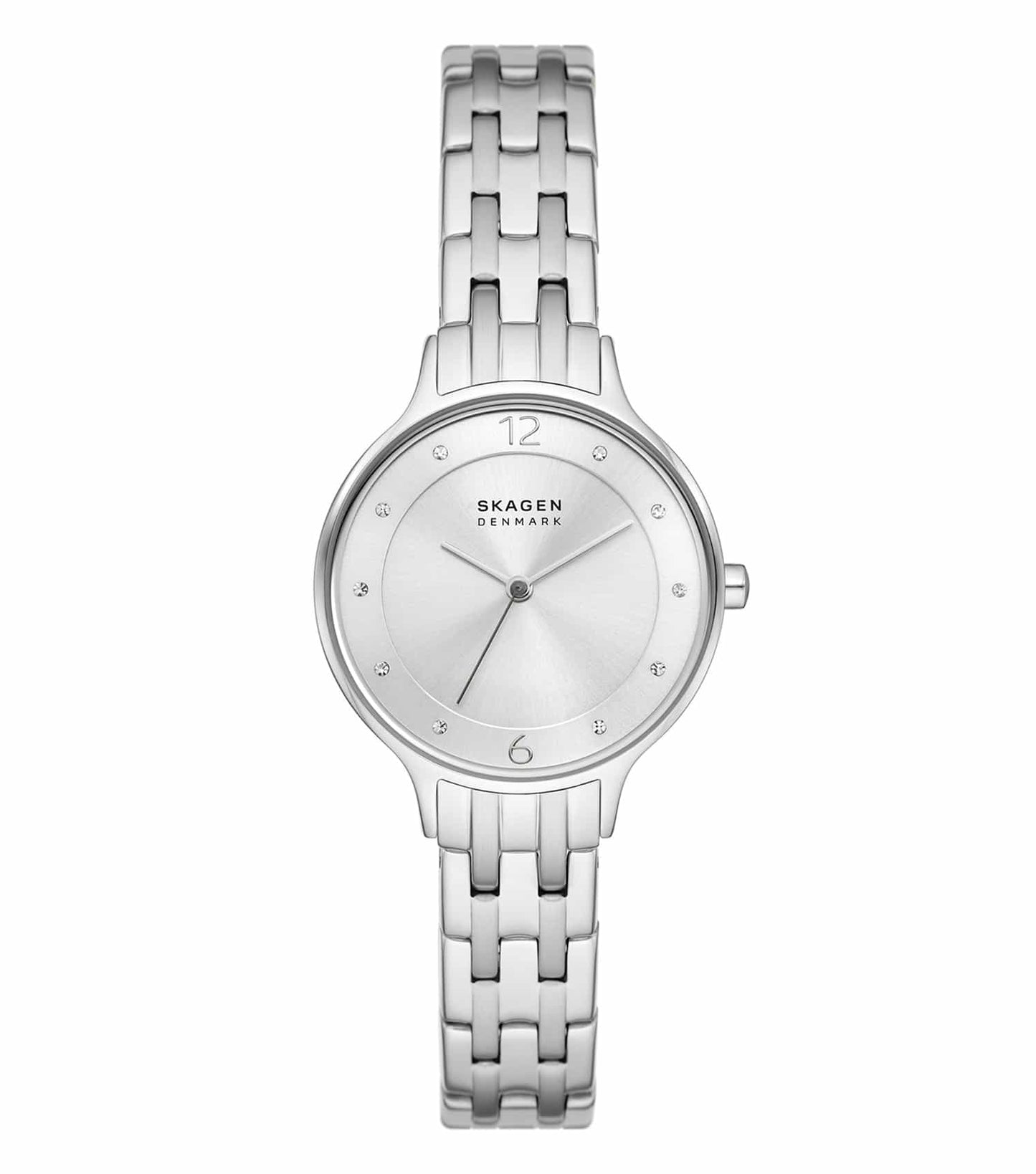Skagen silver watch with minimalist dial; viewed at a flat angle, showcasing elegant mesh band and sleek case design.