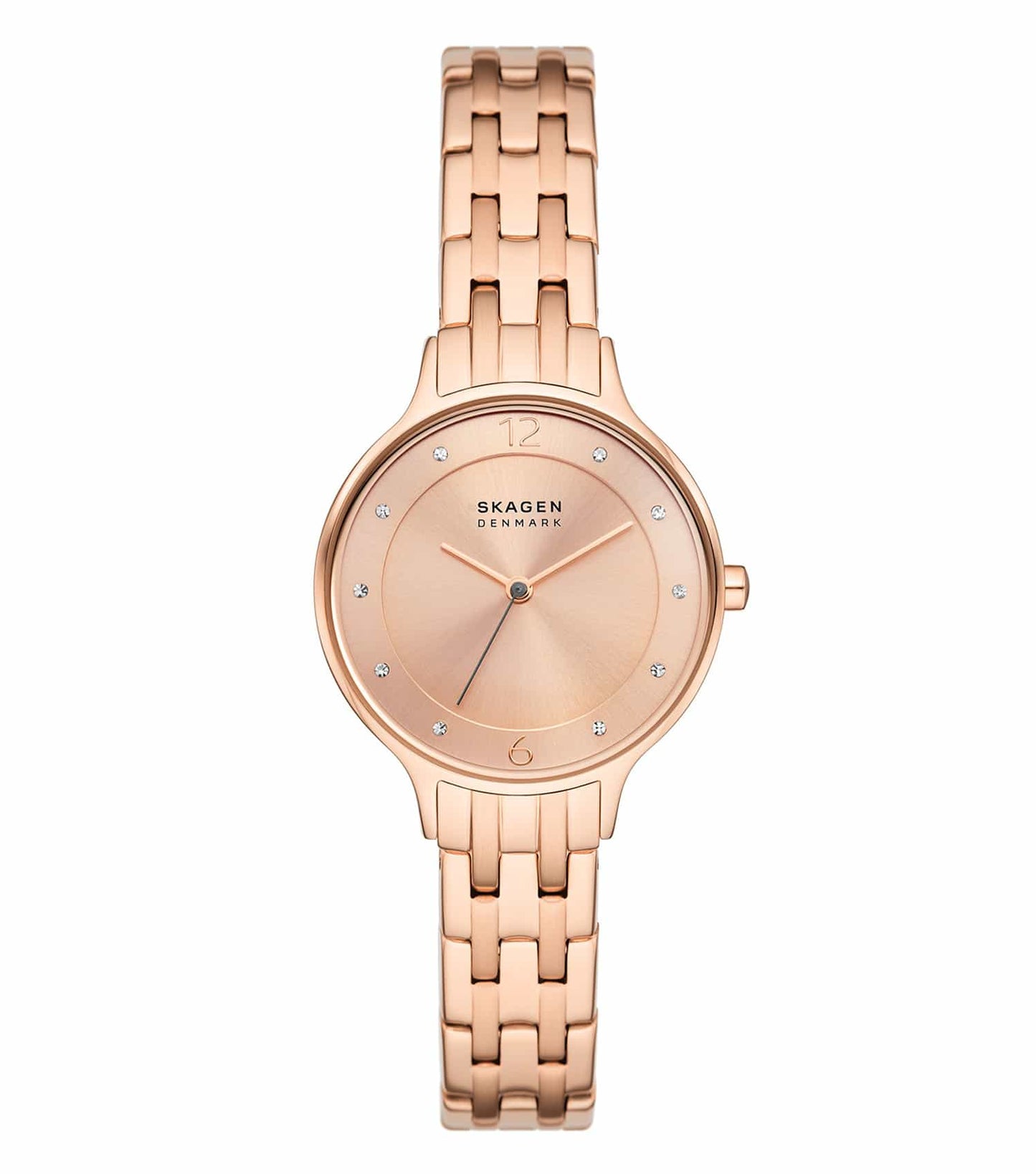 Rose gold Skagen watch featuring a minimalistic design with a mesh band, captured at a 30-degree angle, exuding elegance.