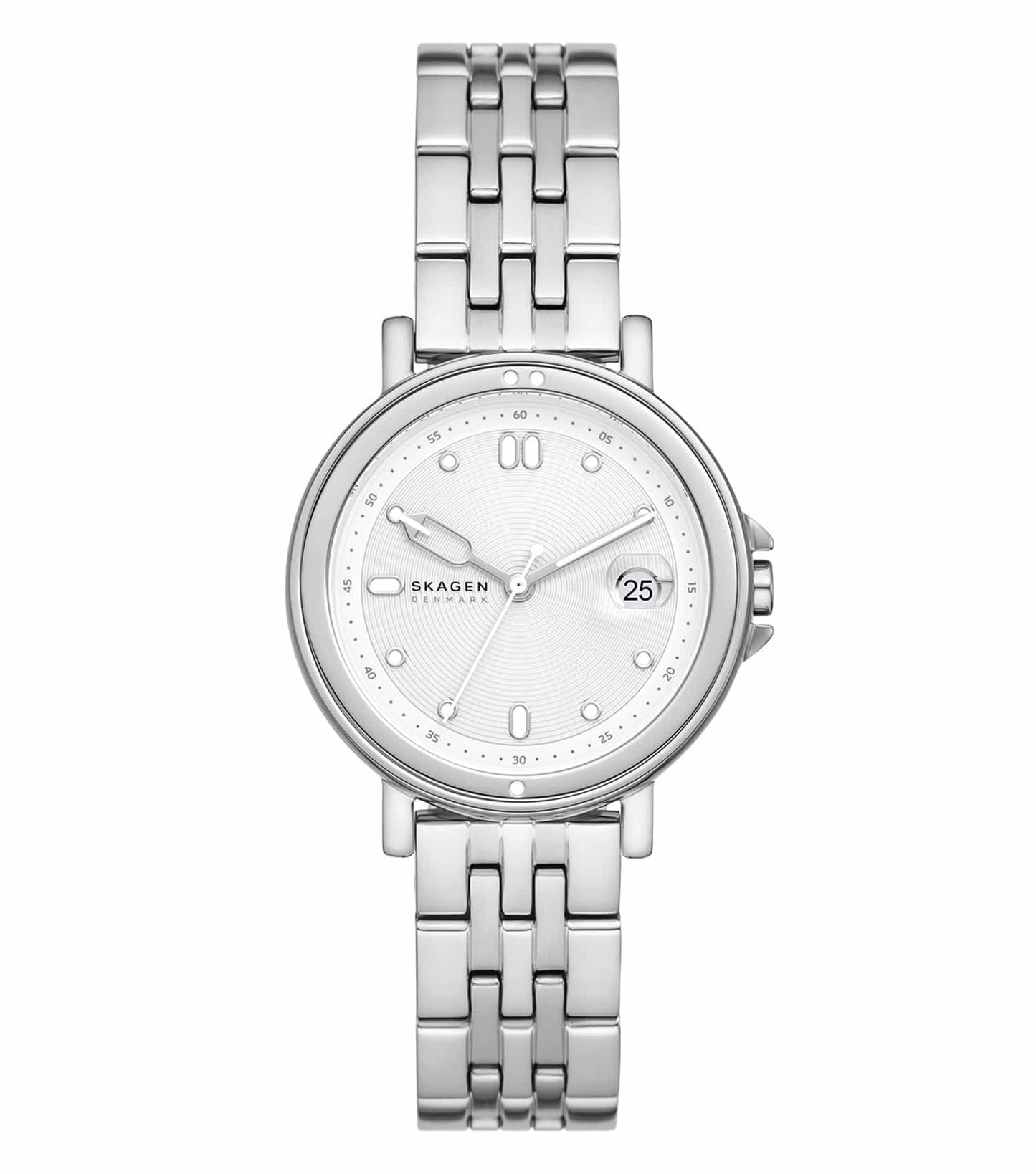 A front-facing view of a Skagen watch in Lille color, showcasing its sleek minimalist design and silver mesh band against a white background.