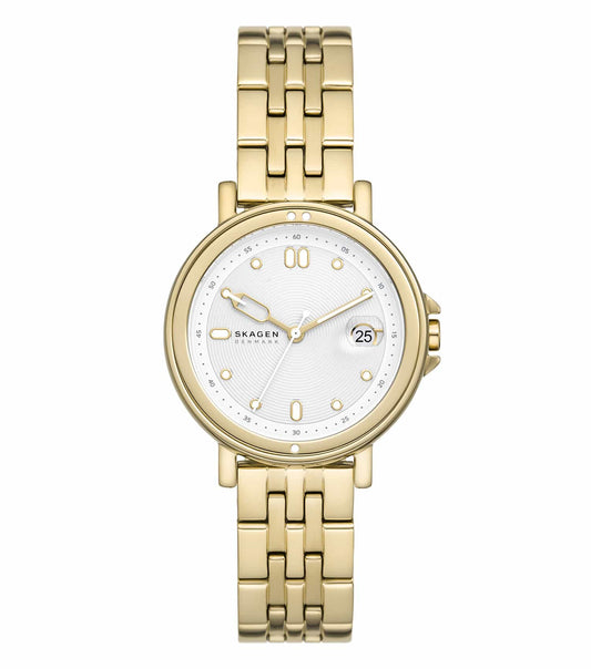 Skagen Lille color watch, elegant round dial with minimalist design, viewed at a stylish front angle, promotes modern fashion.