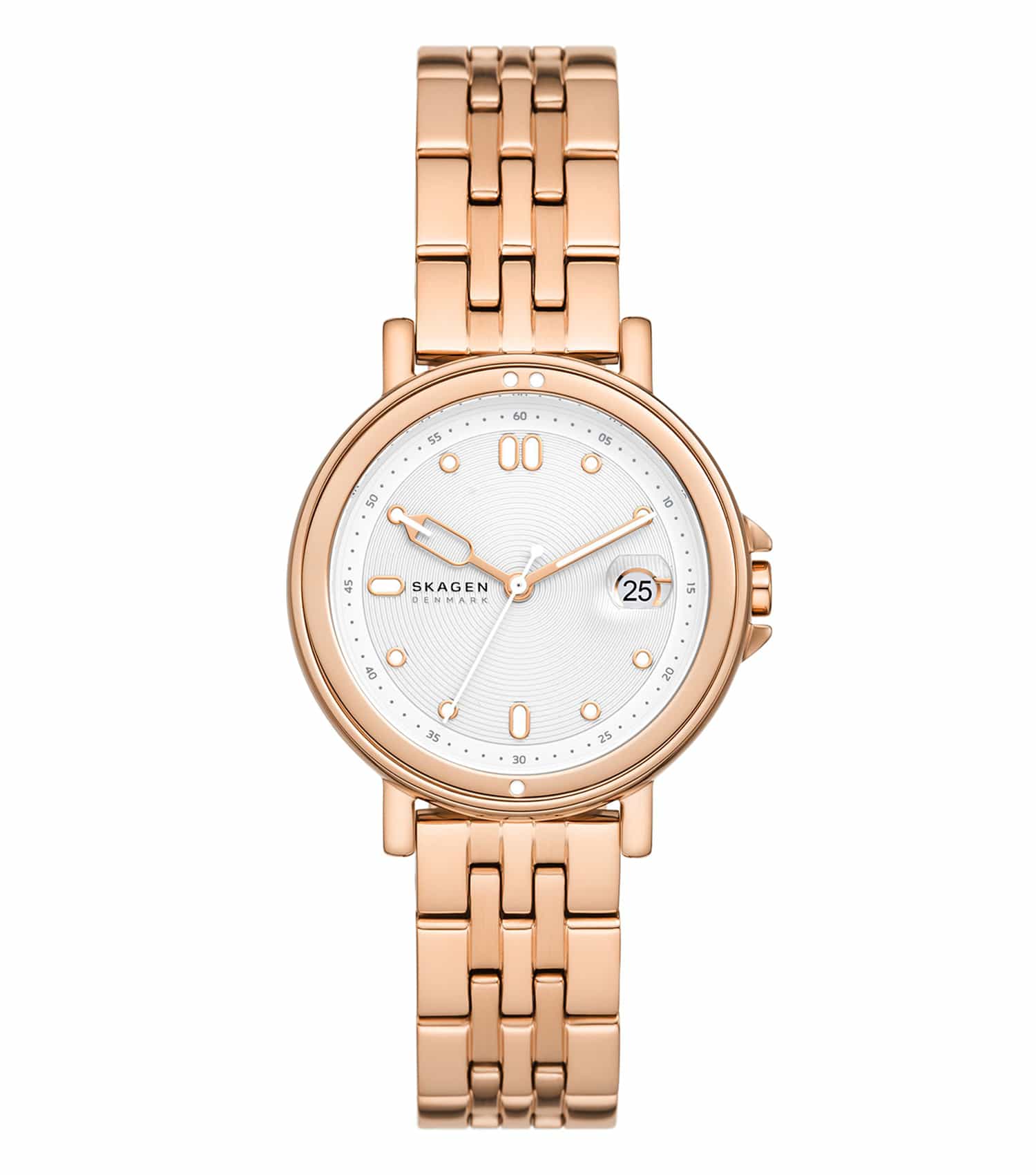 Skagen Lille color watch with brown leather strap and sleek silver casing, angled view showcasing minimalist design.
