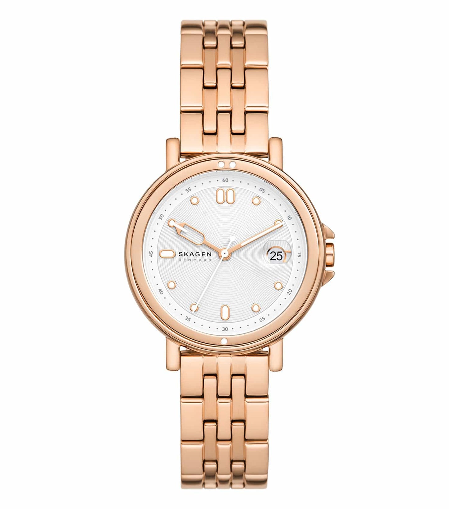 Skagen Lille color watch with brown leather strap and sleek silver casing, angled view showcasing minimalist design.