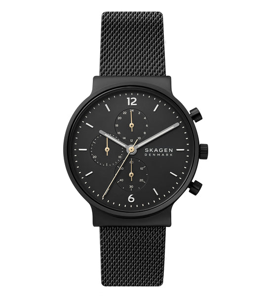 Elegant Skagen Ancher watch in classic black, showcasing a minimalist Nordic design. Front angle captures sleek details.