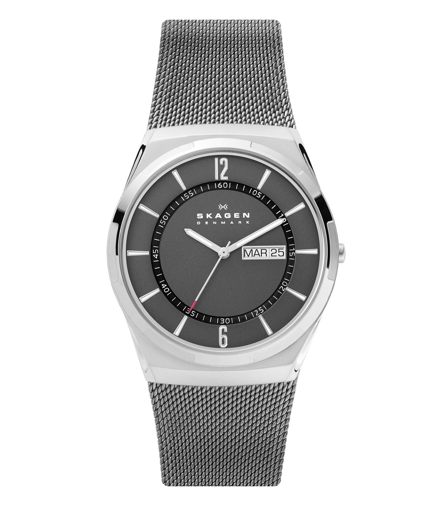 Skagen quartz watch in neutral tone, angled view showcasing sleek design with gold accents and minimalist face against a soft backdrop.