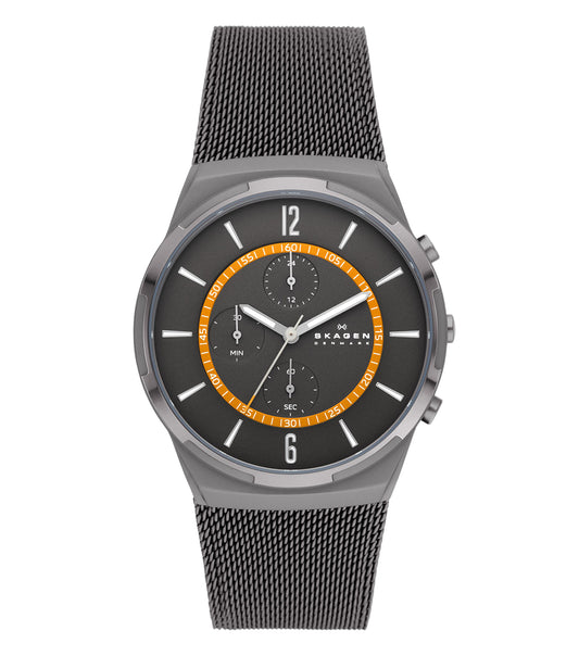 Skagen watch with a sleek black dial and stainless steel mesh strap, side view, embodying Danish minimalist elegance.