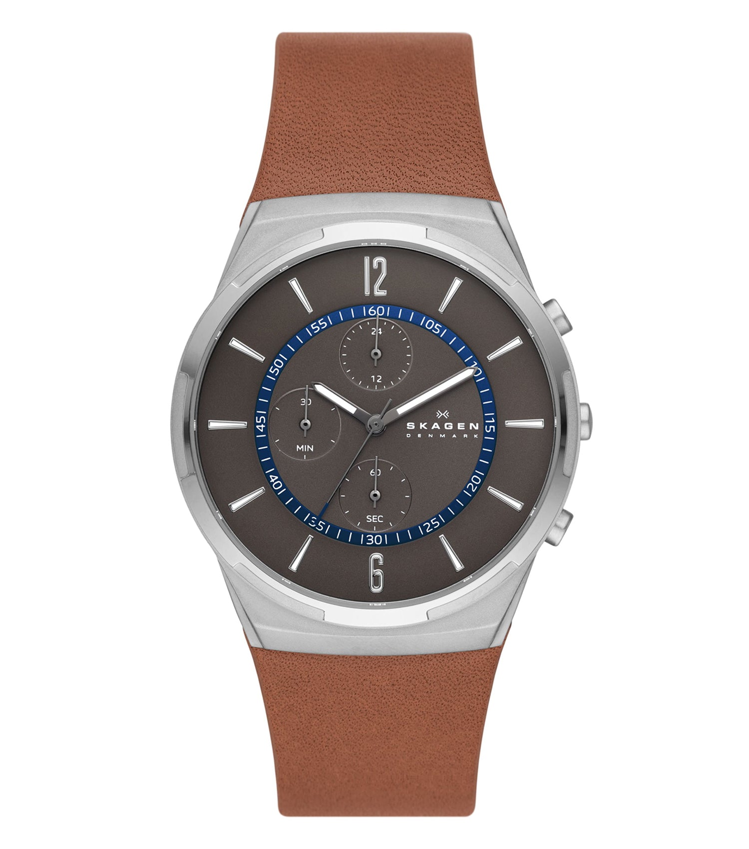Skagen Melbye watch in a soothing gray color, angled face-up, showcasing minimalist design and elegant silver accents.