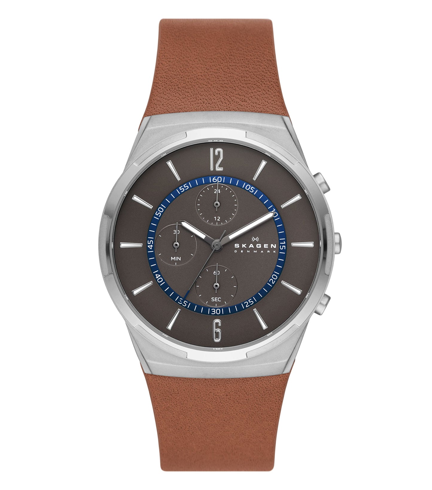 Skagen Melbye watch in a soothing gray color, angled face-up, showcasing minimalist design and elegant silver accents.
