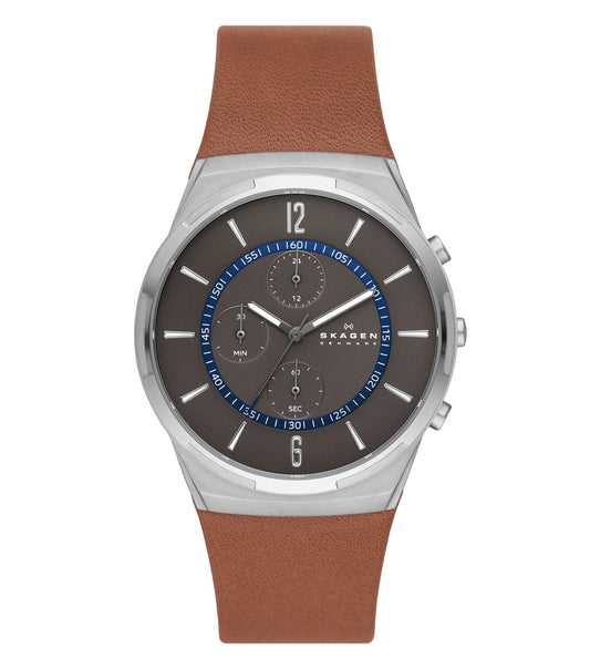 Skagen Melbye watch in a soothing gray color, angled face-up, showcasing minimalist design and elegant silver accents.