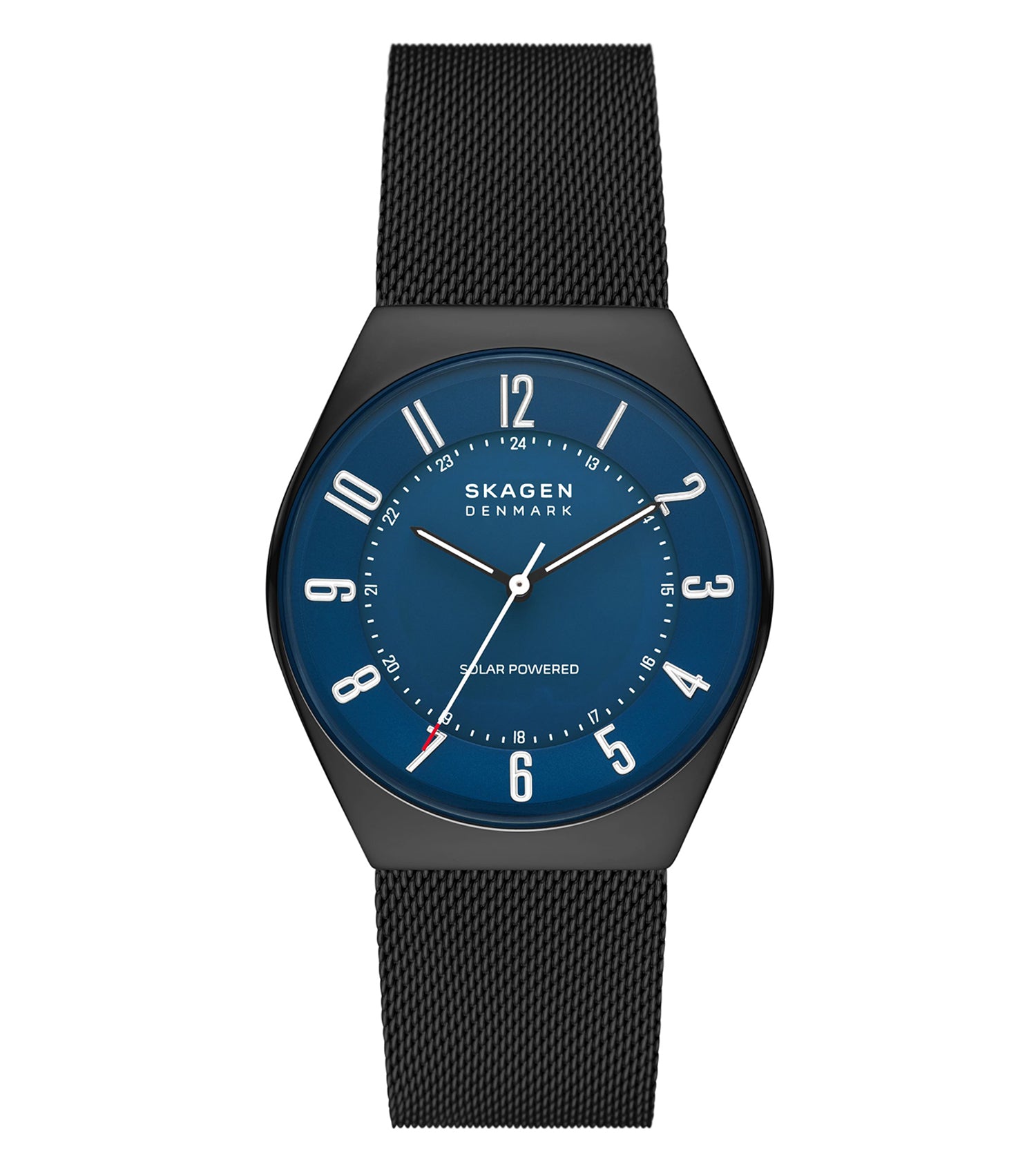 Skagen green watch with sleek design, displaying its face at a 45-degree angle; minimalist style, silver accents.