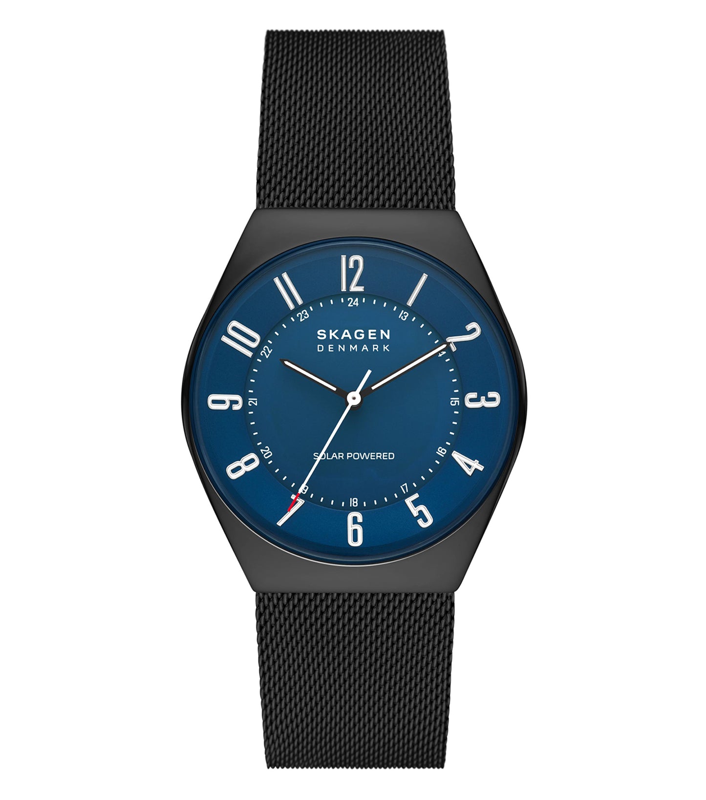 Skagen green watch with sleek design, displaying its face at a 45-degree angle; minimalist style, silver accents.