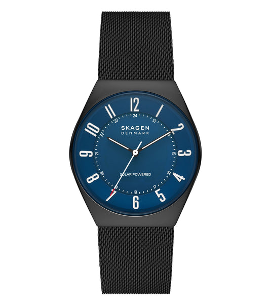 Skagen green watch with sleek design, displaying its face at a 45-degree angle; minimalist style, silver accents.