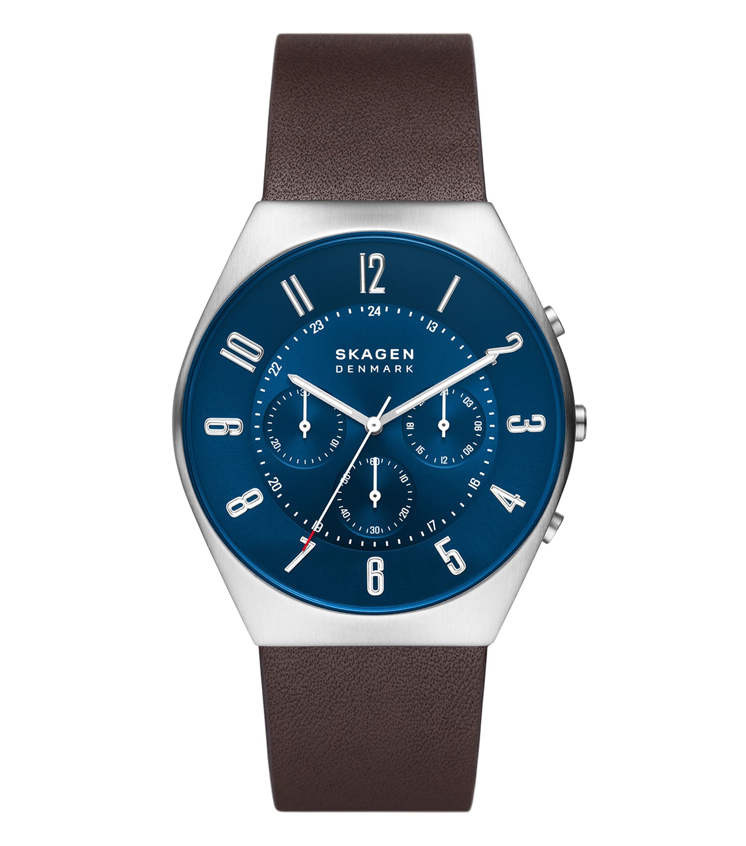 Elegant Skagen green watch with silver mesh strap, showcased at an angle highlighting its minimalist face and sleek design.