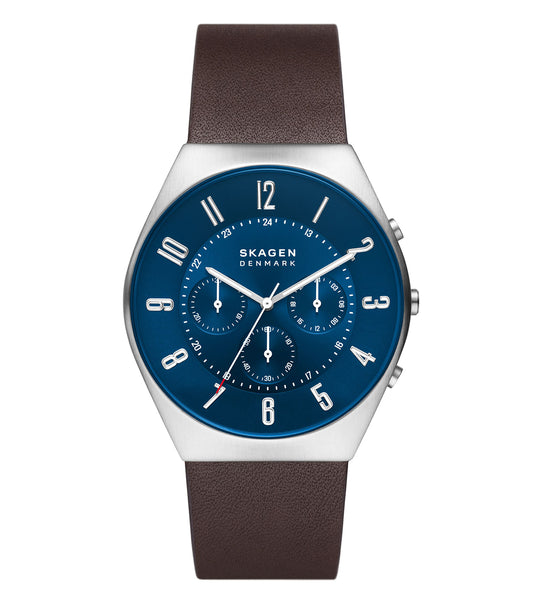 Elegant Skagen green watch with silver mesh strap, showcased at an angle highlighting its minimalist face and sleek design.