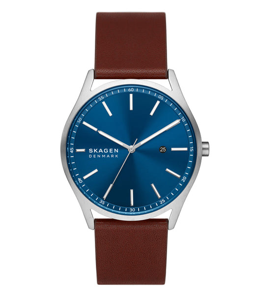 Skagen Holst Quartz watch in a striking blue hue, showcased from a front-angle view; sleek design reflects minimalist elegance.