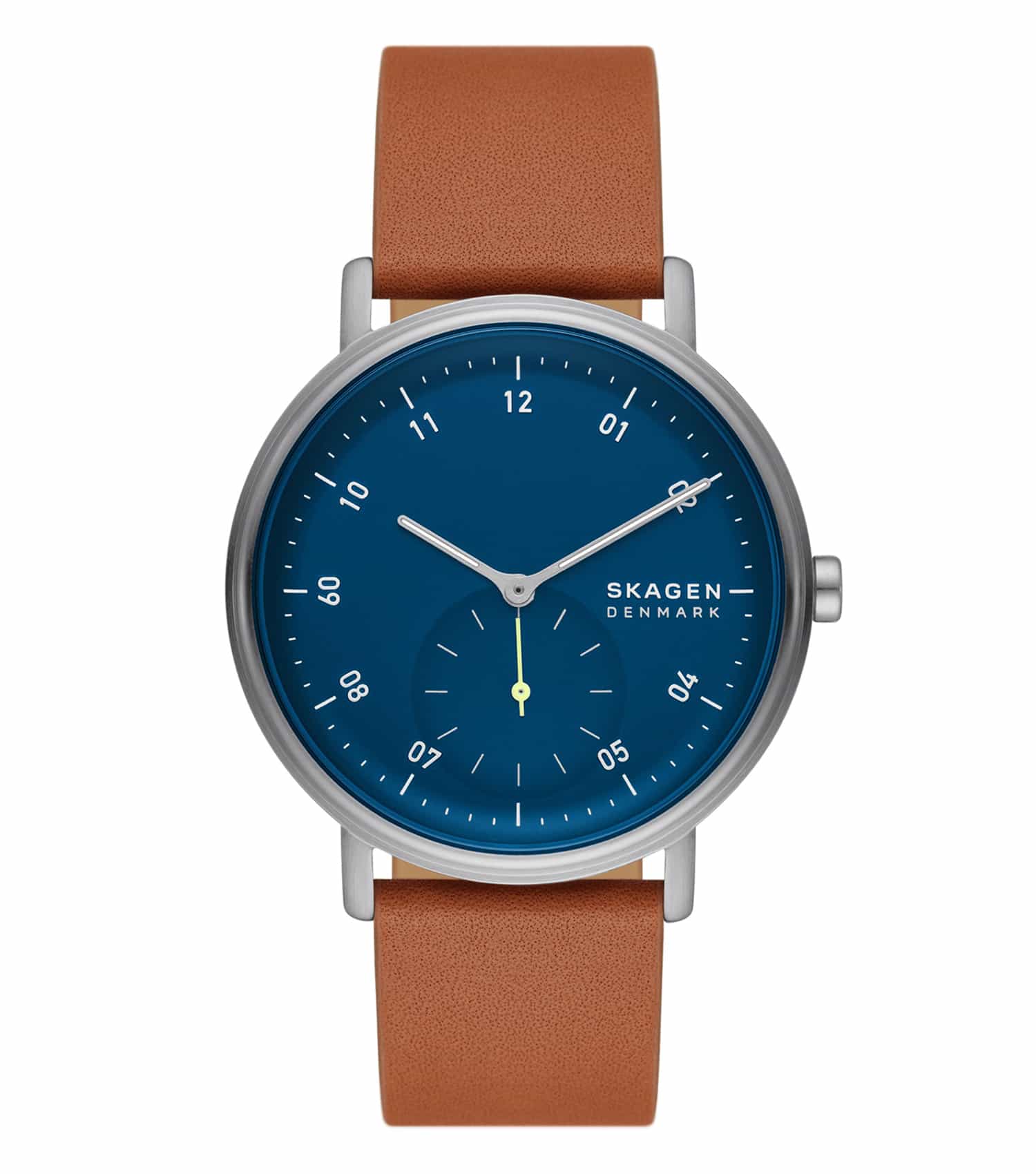 Brown Skagen watch with stainless steel strap at 45-degree angle, showcasing elegant design and detailing, ideal for fashion enthusiasts.