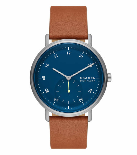 Brown Skagen watch with stainless steel strap at 45-degree angle, showcasing elegant design and detailing, ideal for fashion enthusiasts.