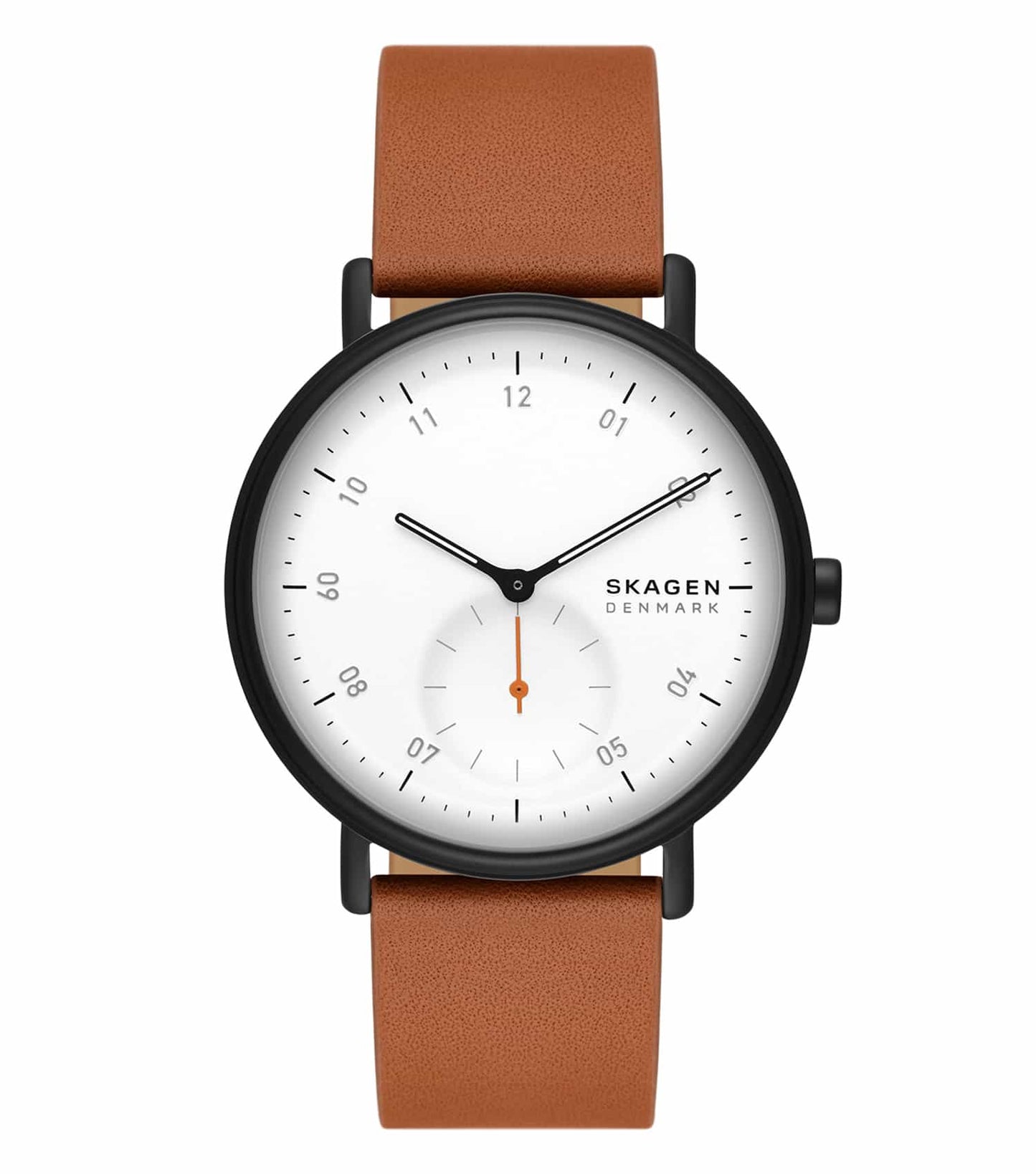 Skagen brown watch, side angle view, showcasing elegant design with leather strap, stainless steel case, and minimalist dial.