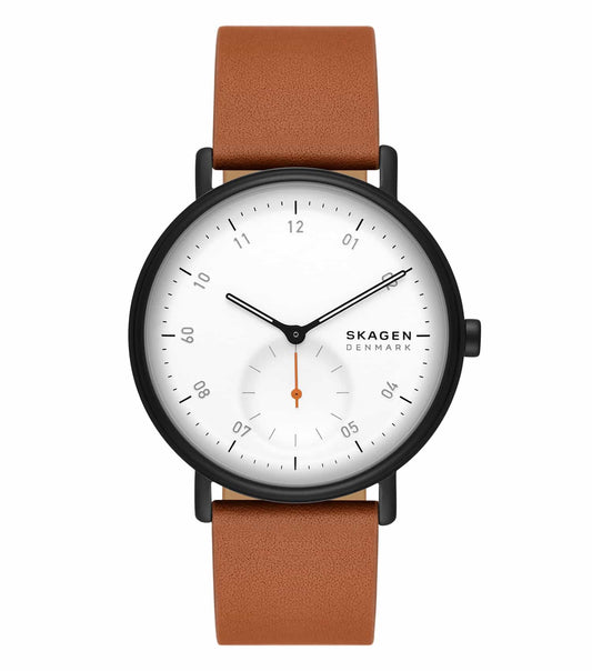 Skagen brown watch, side angle view, showcasing elegant design with leather strap, stainless steel case, and minimalist dial.