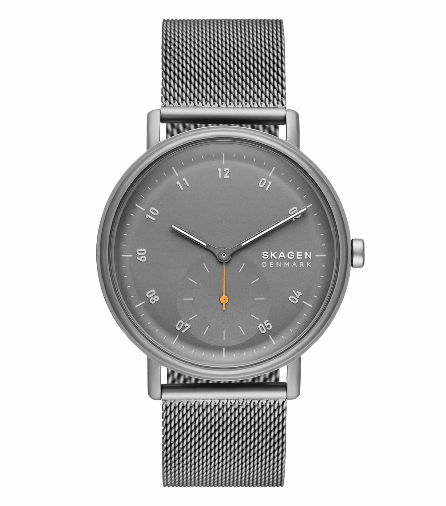 Skagen watch in sleek grey, showcasing a minimalist round face at a 44-degree angle, embodying Danish design elegance.