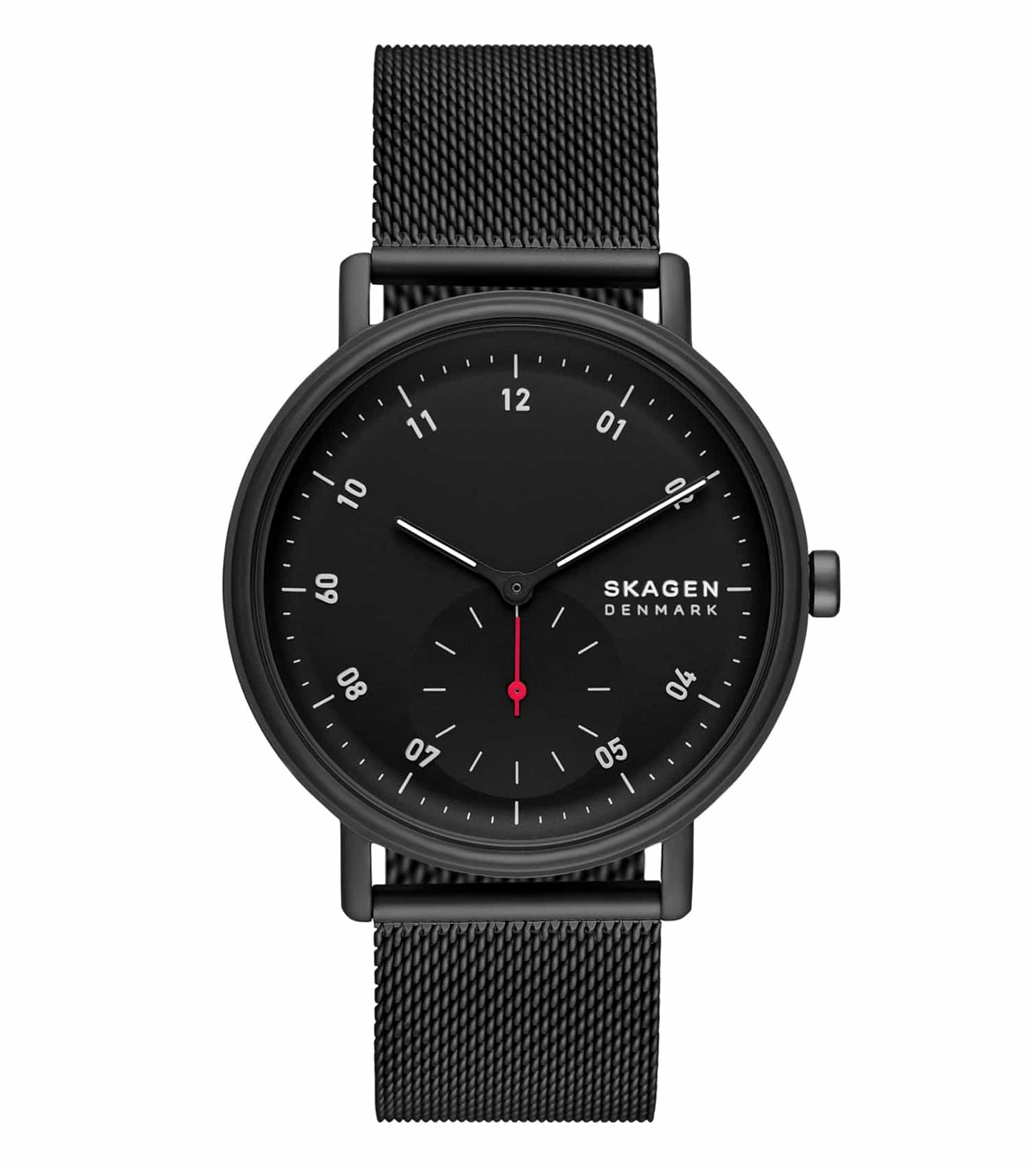 Skagen black watch with minimalistic design, viewed from the front angle; sleek stainless steel mesh strap and modern dial face.