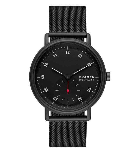 Skagen black watch with minimalistic design, viewed from the front angle; sleek stainless steel mesh strap and modern dial face.
