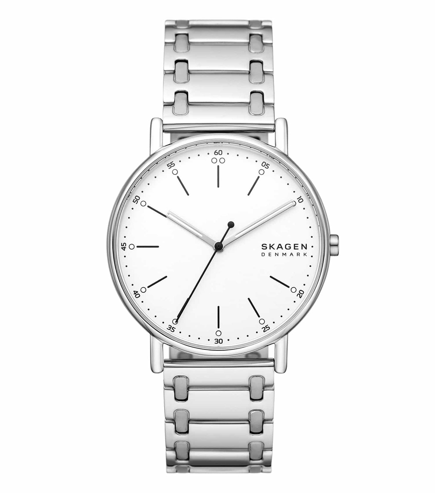 Sleek Skagen silver watch showcasing elegant design and craftsmanship, angled from above for a clear view of its minimalist features.