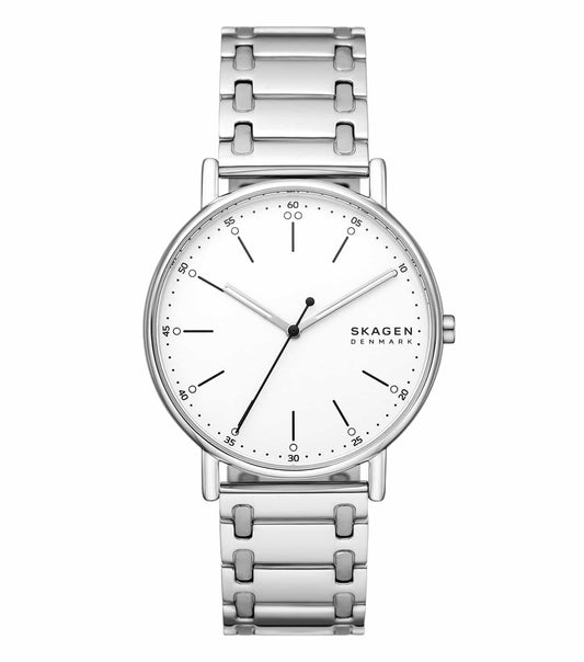 Sleek Skagen silver watch showcasing elegant design and craftsmanship, angled from above for a clear view of its minimalist features.