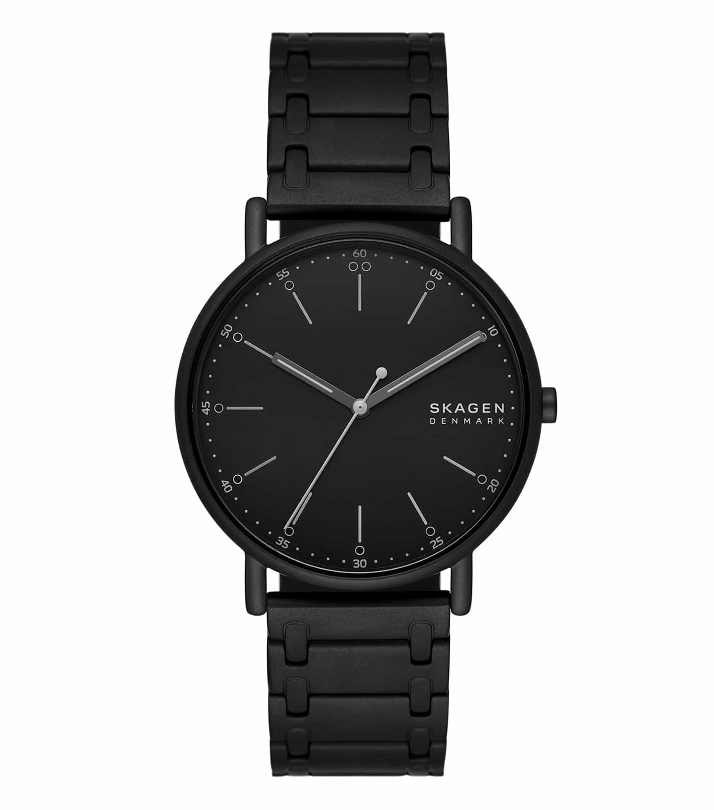 Skagen black watch, modern minimalistic design, showcased at a 40-degree angle, ideal for style enthusiasts.